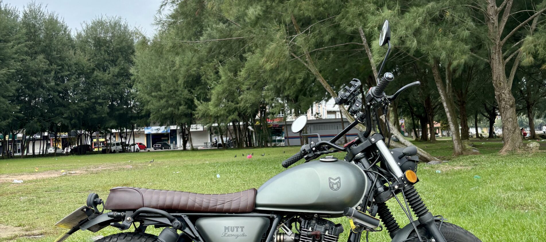 A vintage cafe racer bike parked on a pavement with green swaying trees behind.